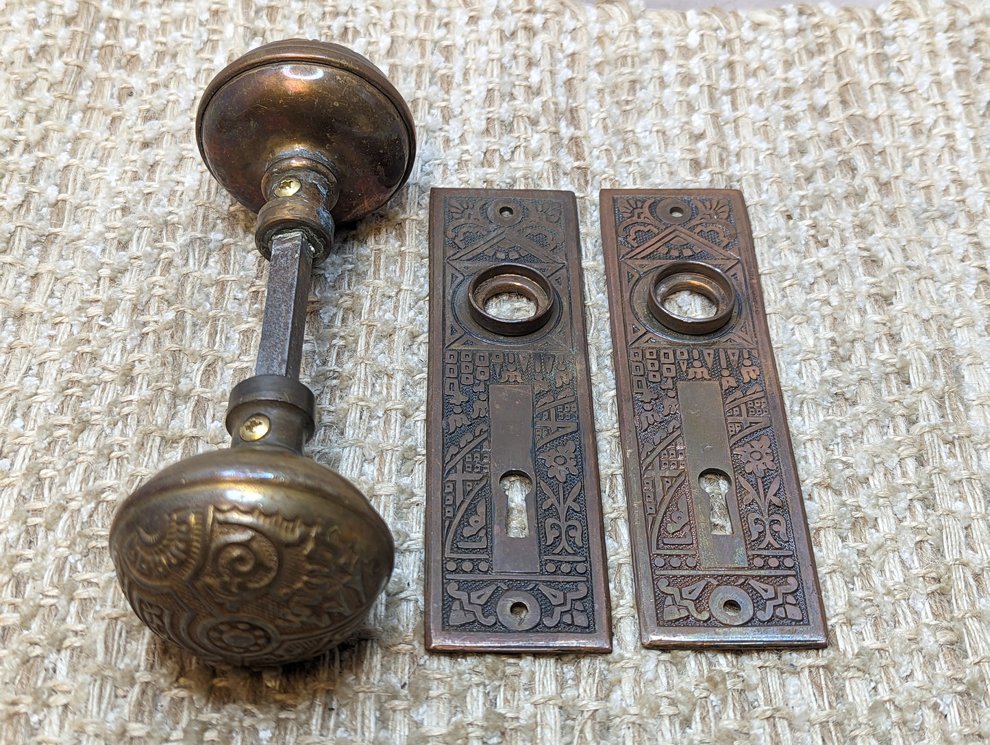 Antique Corbin Ceylon Brass Door Knobs and Door Plates Set