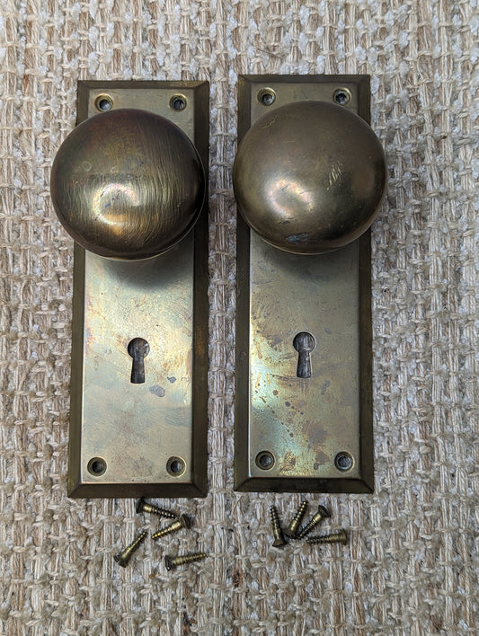 Antique Stamped Brass Door Knobs and Door Plates Set