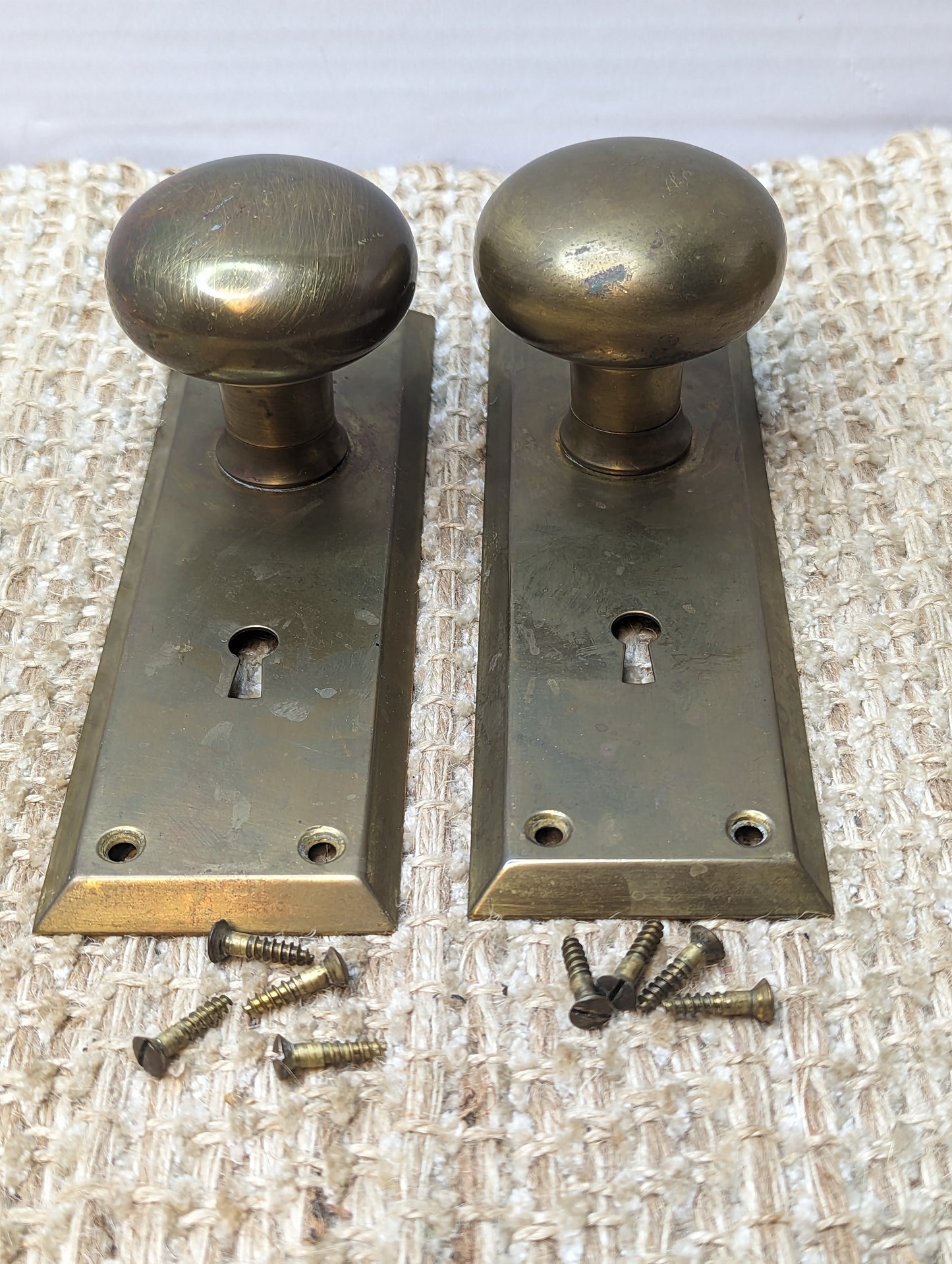 Antique Stamped Brass Door Knobs and Door Plates Set