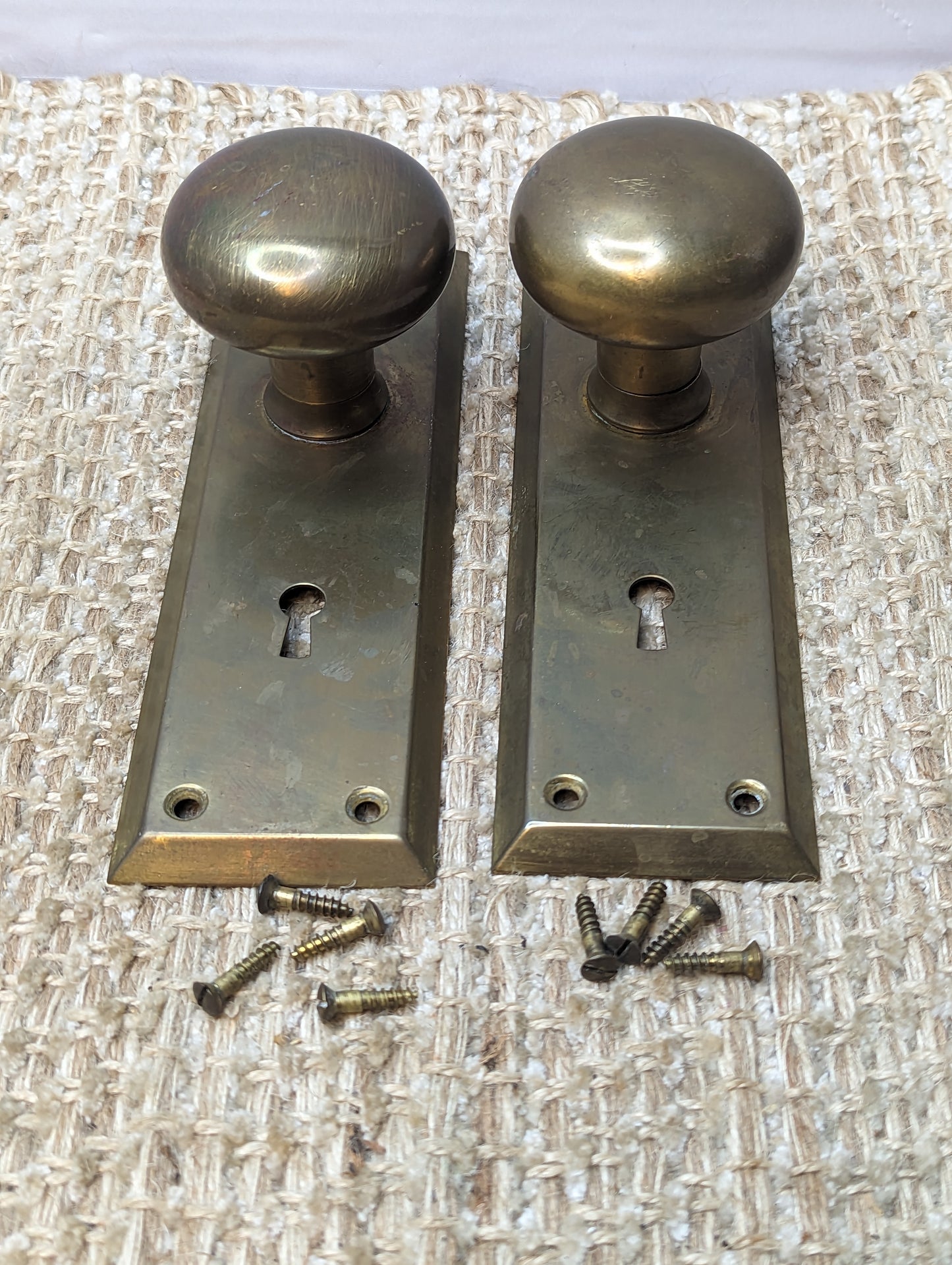 Antique Stamped Brass Door Knobs and Door Plates Set