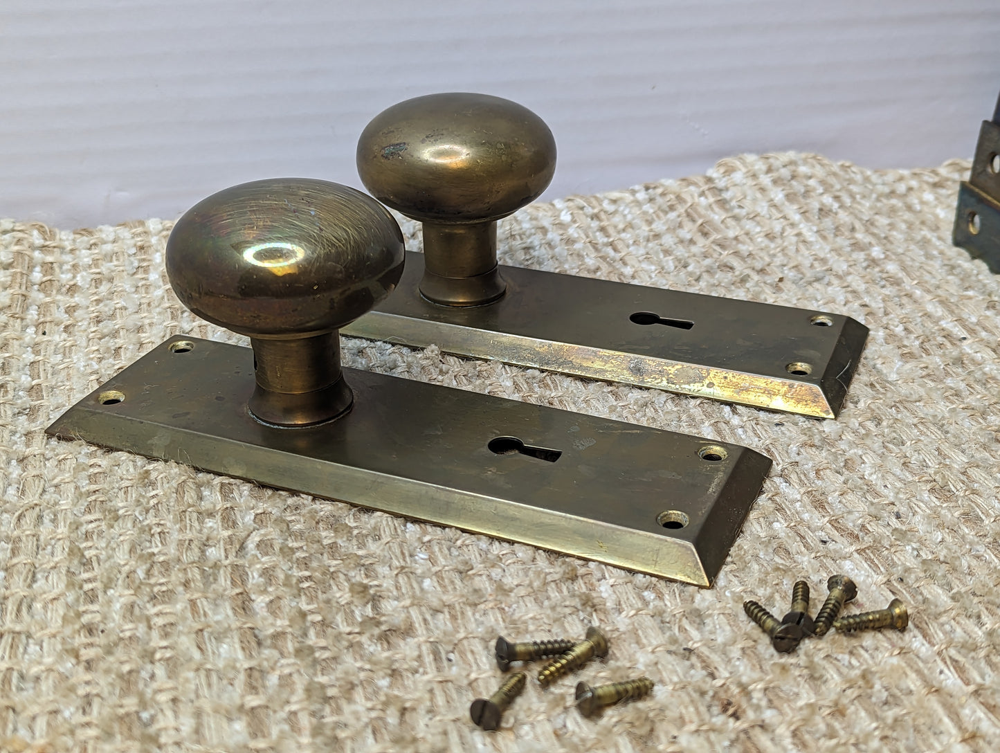 Antique Stamped Brass Door Knobs and Door Plates Set