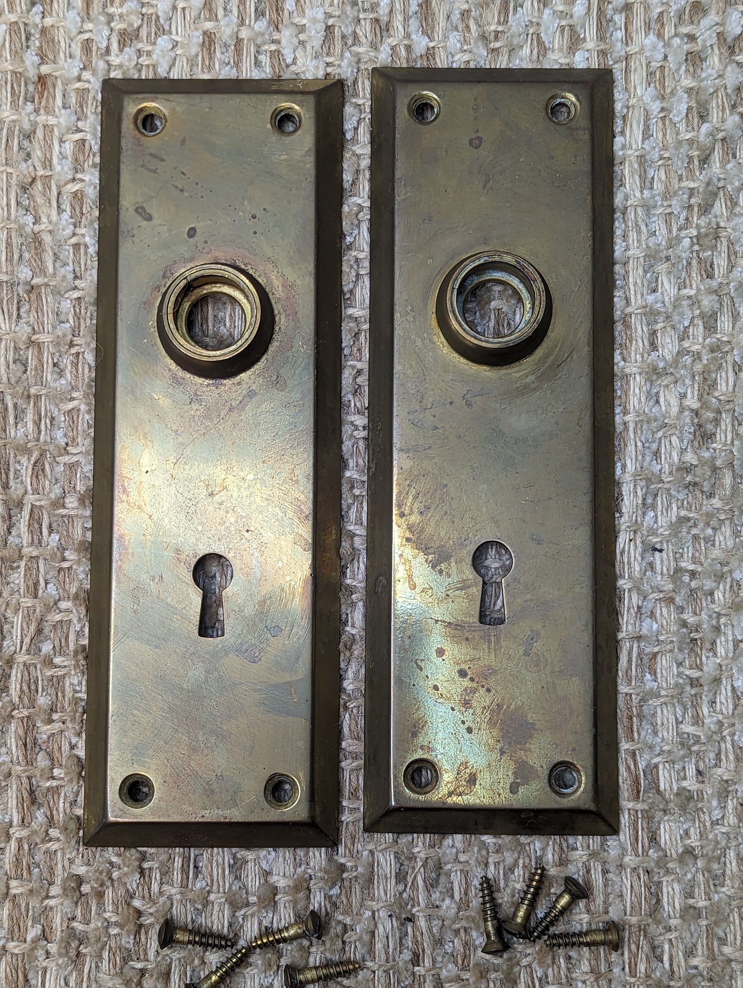 Antique Stamped Brass Door Knobs and Door Plates Set