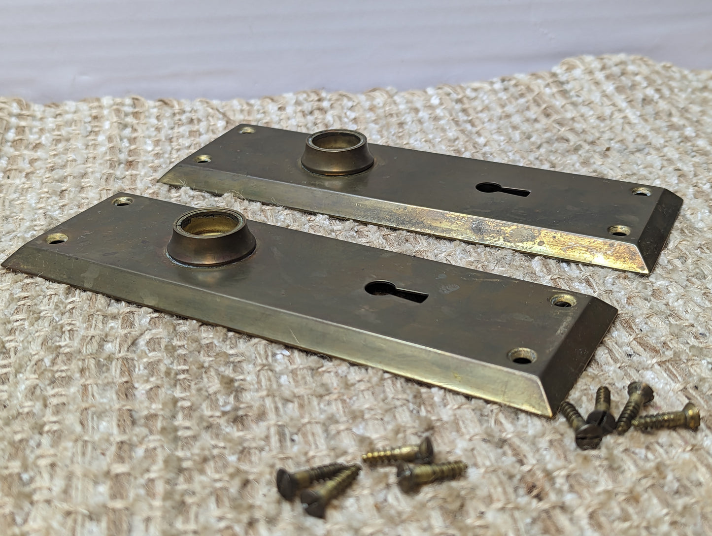 Antique Stamped Brass Door Knobs and Door Plates Set