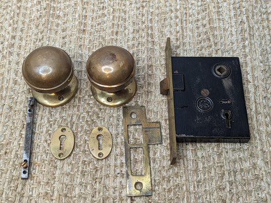 Antique RHCo. Mortise Lock #1201 1/2, Strike Plate, Key Hole Covers, Door Knobs and Rosettes Set