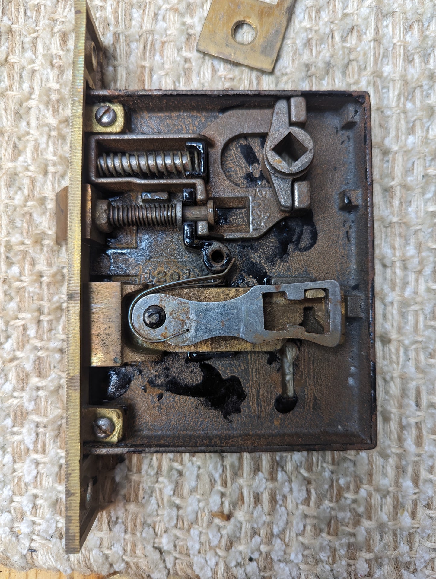 Antique RHCo. Mortise Lock #1201 1/2, Strike Plate, Key Hole Covers, Door Knobs and Rosettes Set