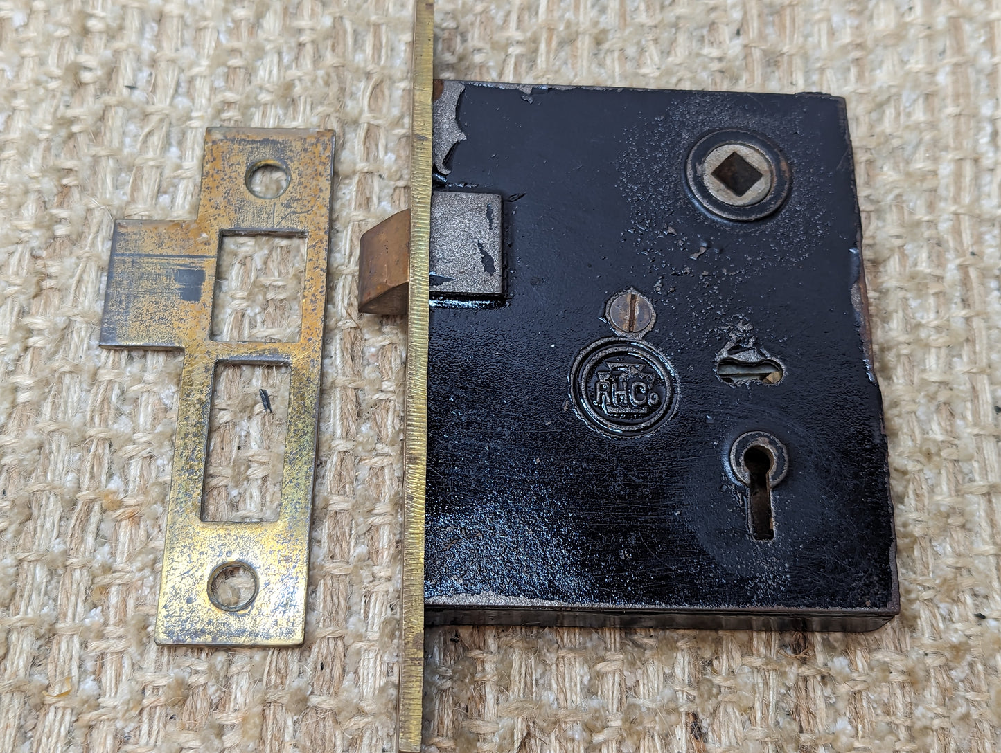 Antique RH Co. Interior Mortise Lock and Strike Plate Door Hardware #1201 1/2