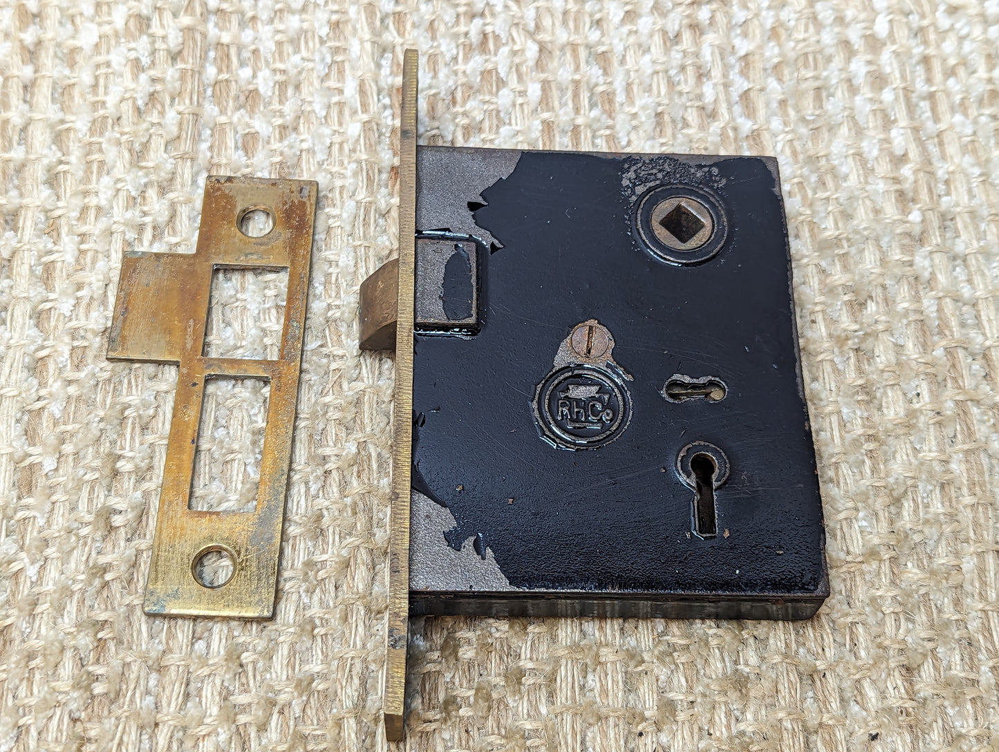 Antique RH Co. Interior Mortise Lock and Strike Plate Door Hardware #1201 1/2