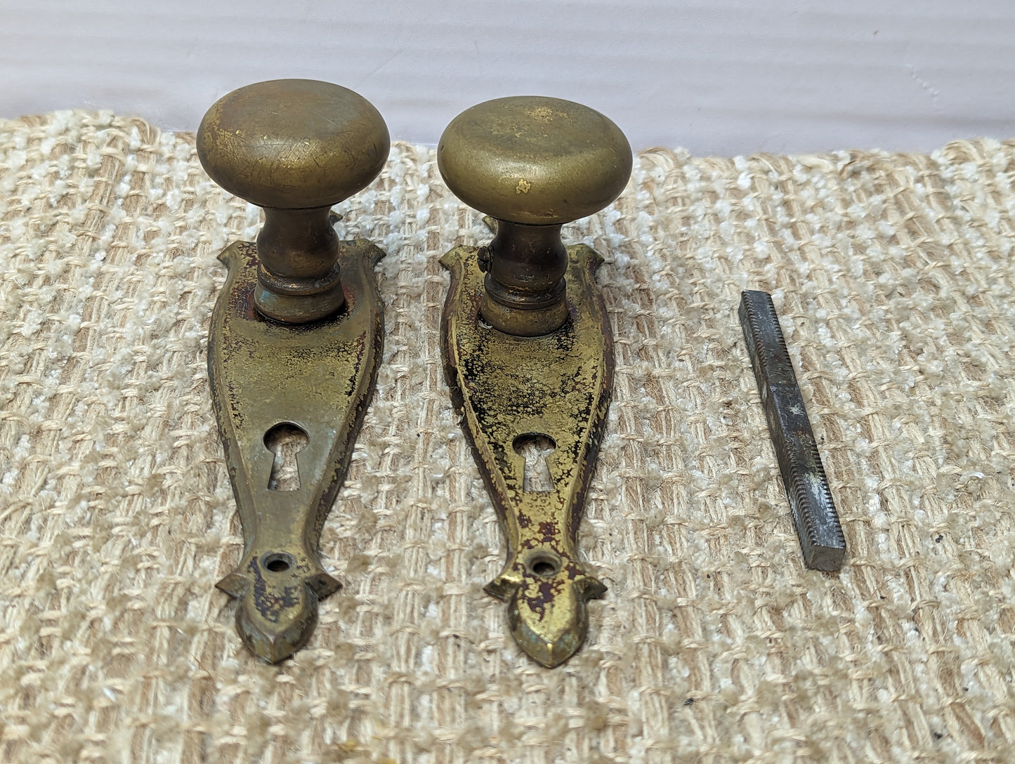 Antique Stamped Brass Door Knobs and Door Plates Set