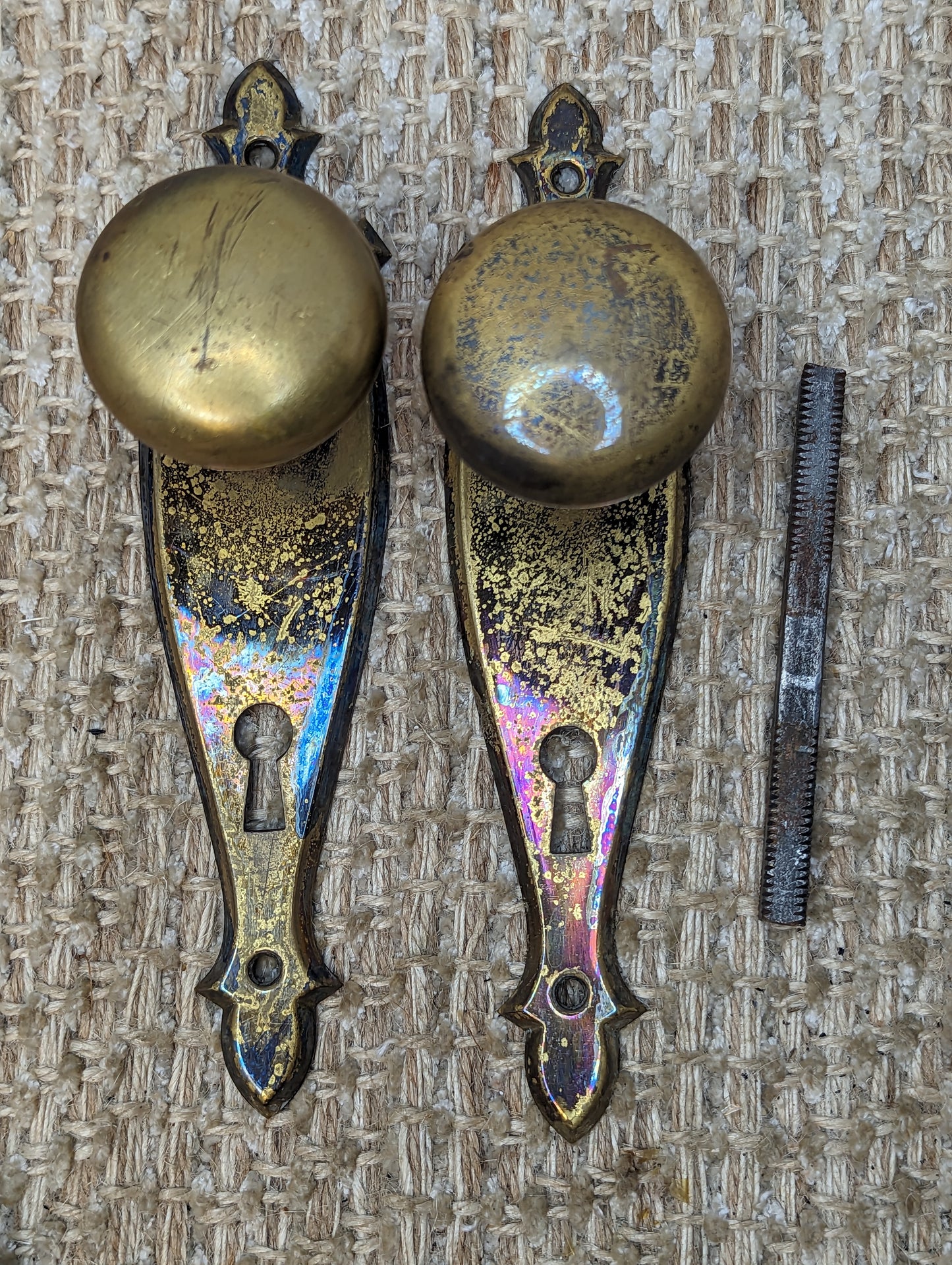 Antique Stamped Brass Door Knobs and Door Plates Set