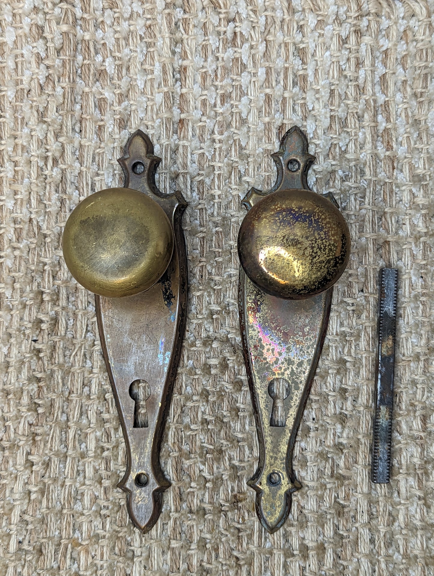 Antique Stamped Brass Door Knobs and Door Plates Set