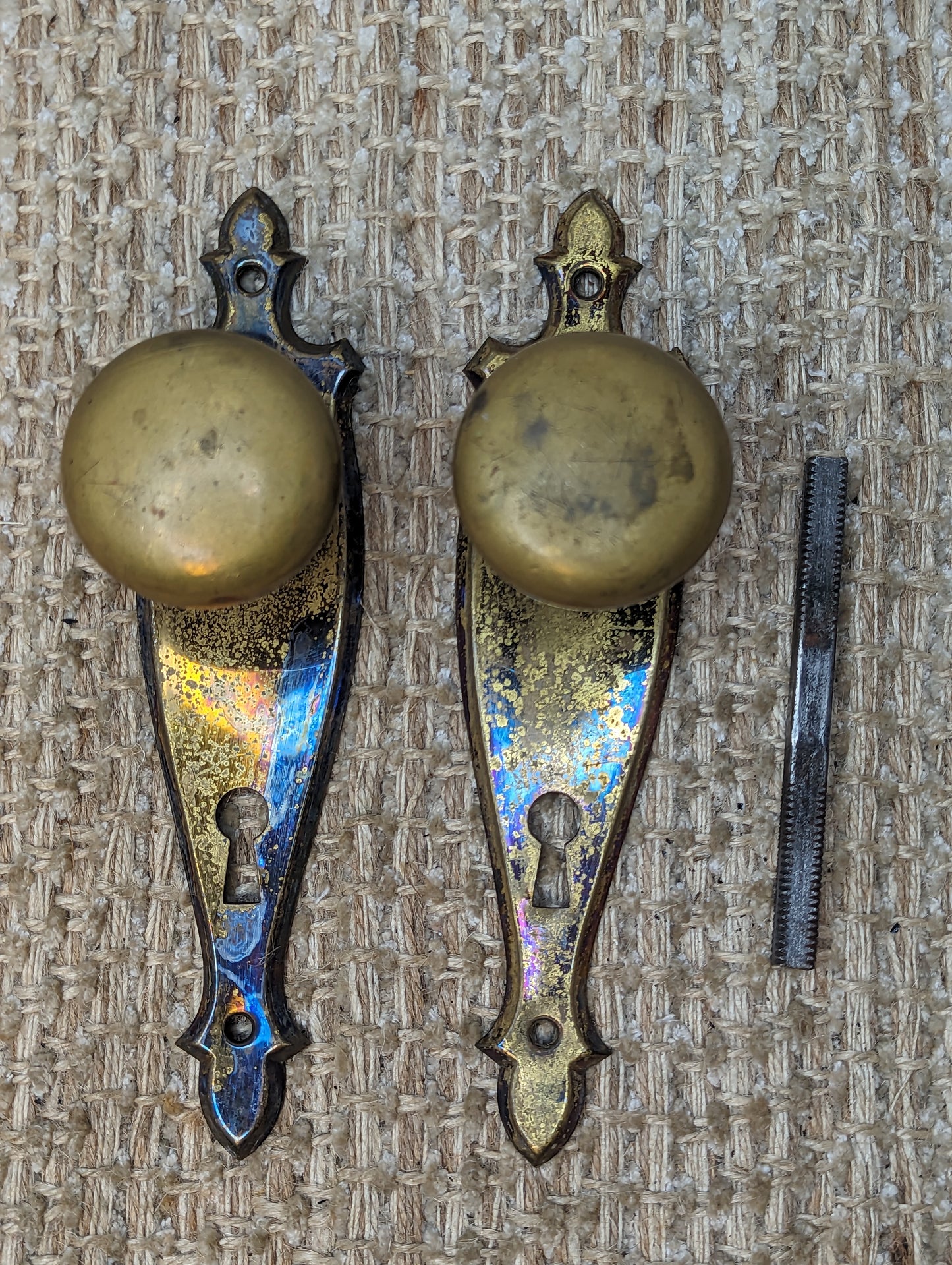 Antique Stamped Brass Door Knobs and Door Plates Set