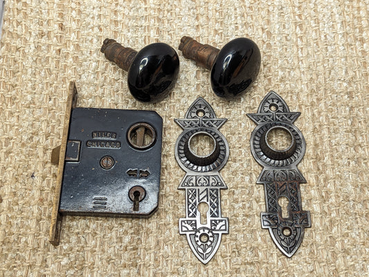 Antique Niles Chicago Mortise Lock, Door Knobs & Door Plates Complete Set