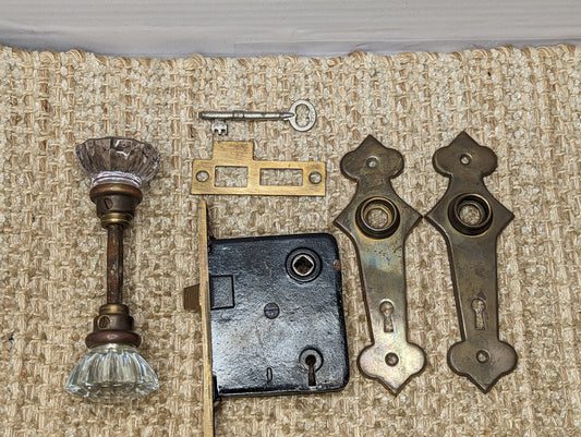 Antique Interior Mortise Lock #25, Glass Door Knobs, Brass Door Knob Plates, Strike Plate & Key