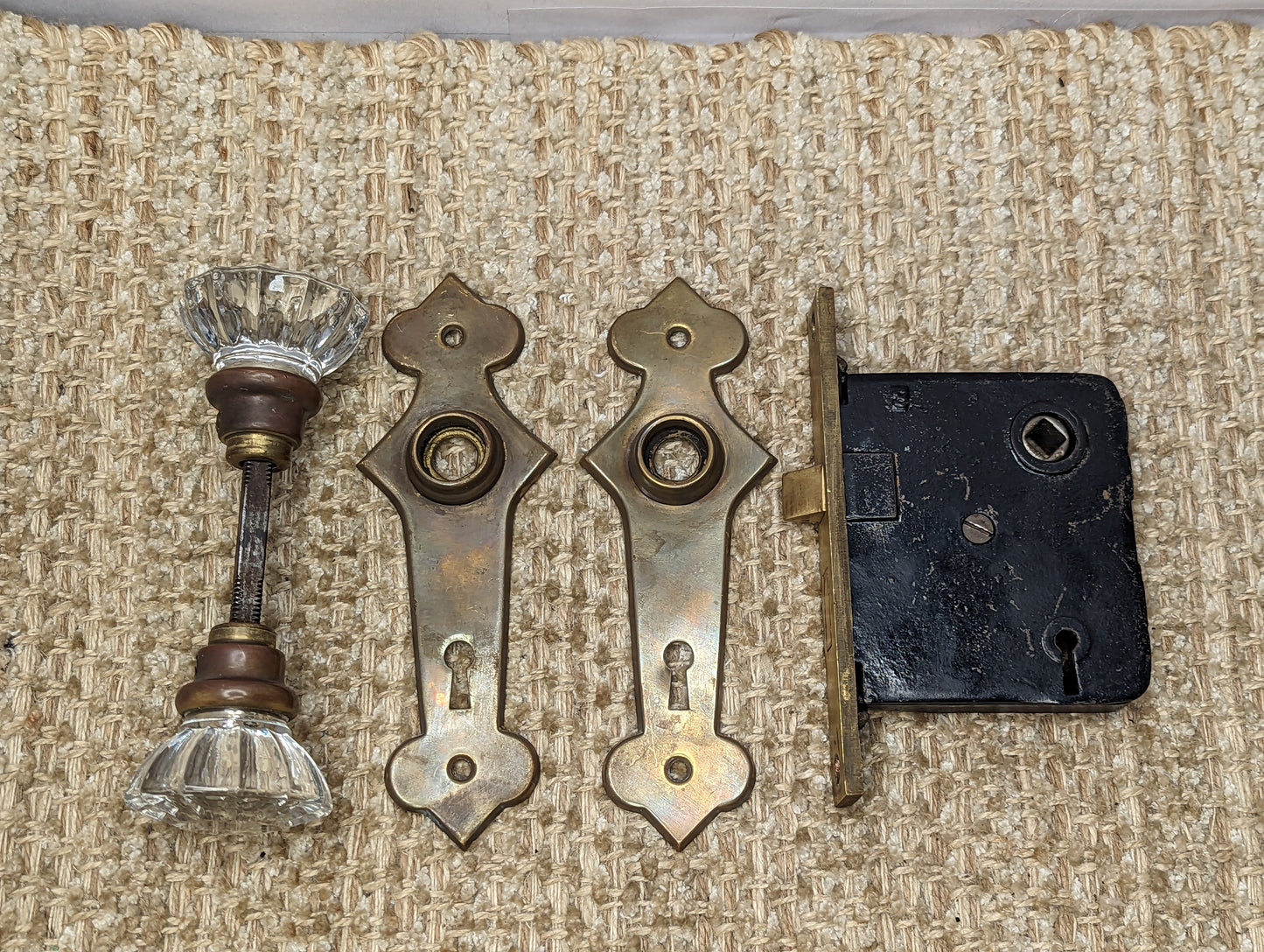 Antique Interior Mortise Lock #25, Glass Door Knobs & Brass Door Knob Plates