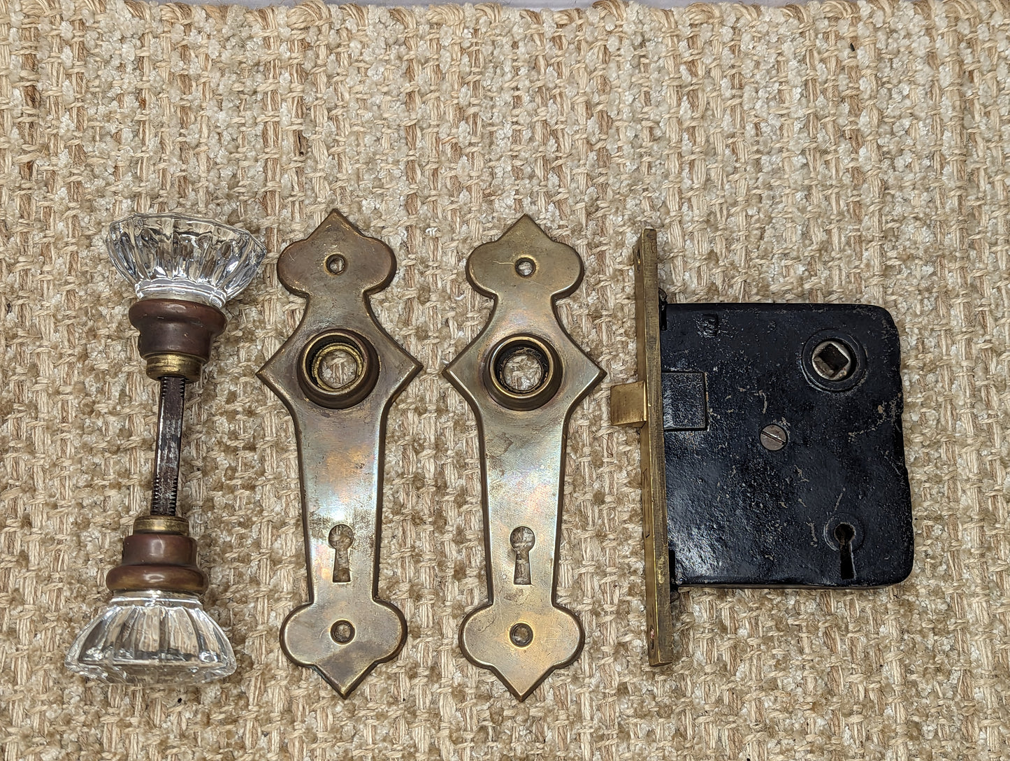 Antique Interior Mortise Lock #25, Glass Door Knobs & Brass Door Knob Plates