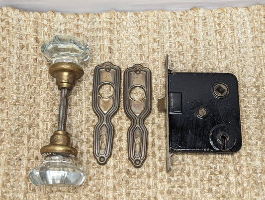 Antique Interior Mortise Lock, Glass Door Knobs & Steel Door Knob Plates