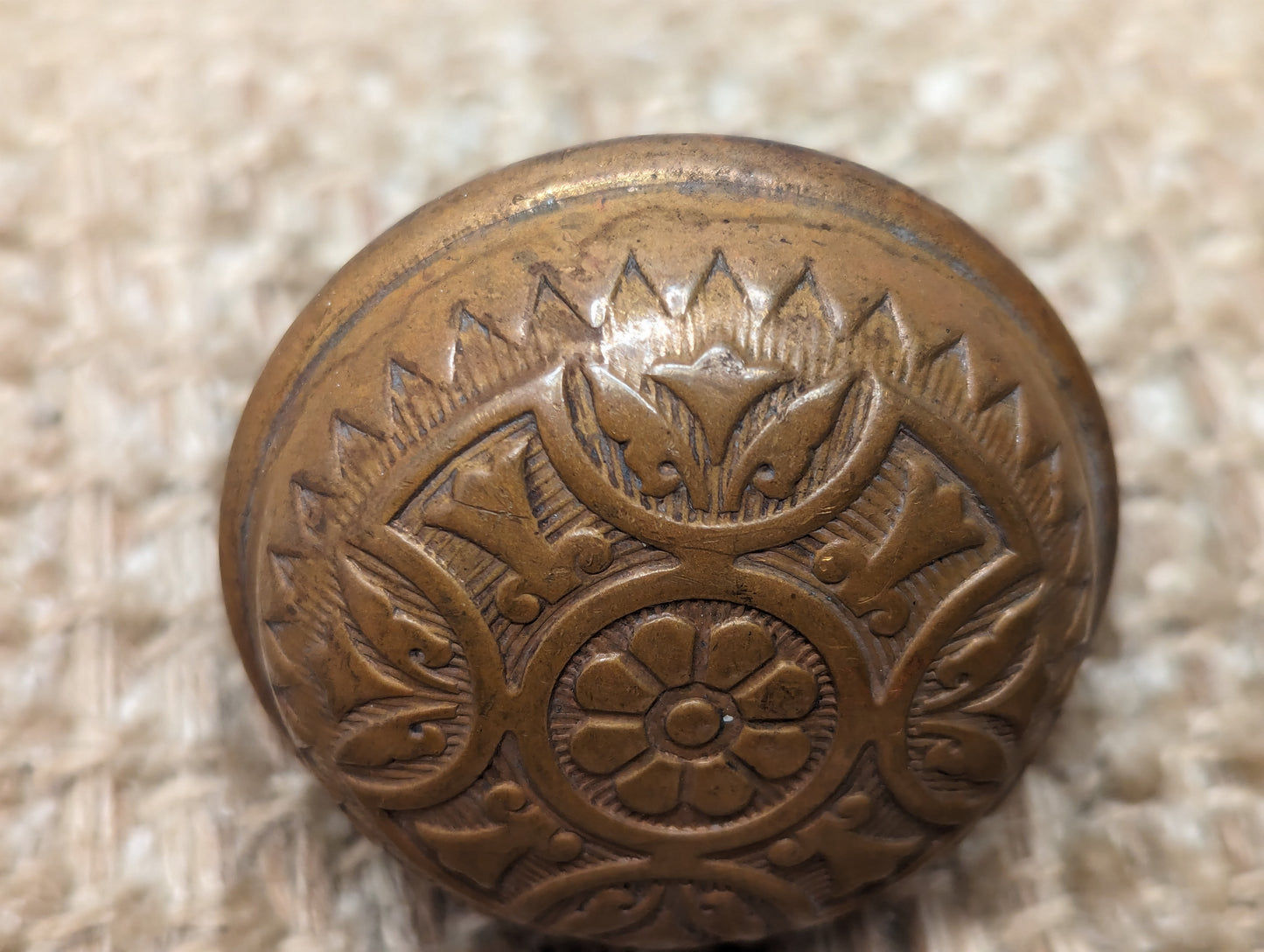 2 1/4" Antique Sargent Decorative Stamped Brass Door Knob Circa 1890