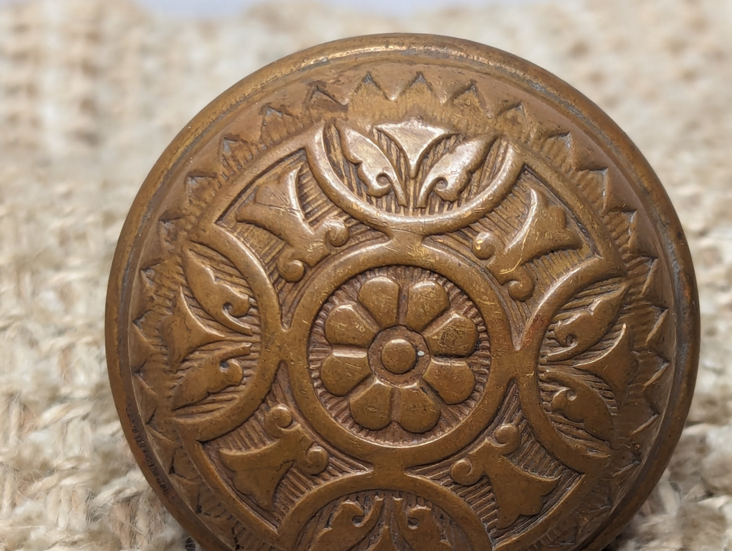 2 1/4" Antique Sargent Decorative Stamped Brass Door Knob Circa 1890