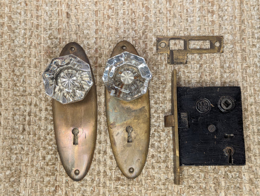 Antique RHCo Interior Mortise Lock #0254, Glass Door Knobs, Brass Door Knob Plates & Strike Plate