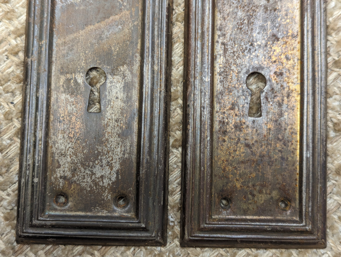 2 9/16" x 8" Pair Of Antique Steel Door Knob Plates Door Hardware