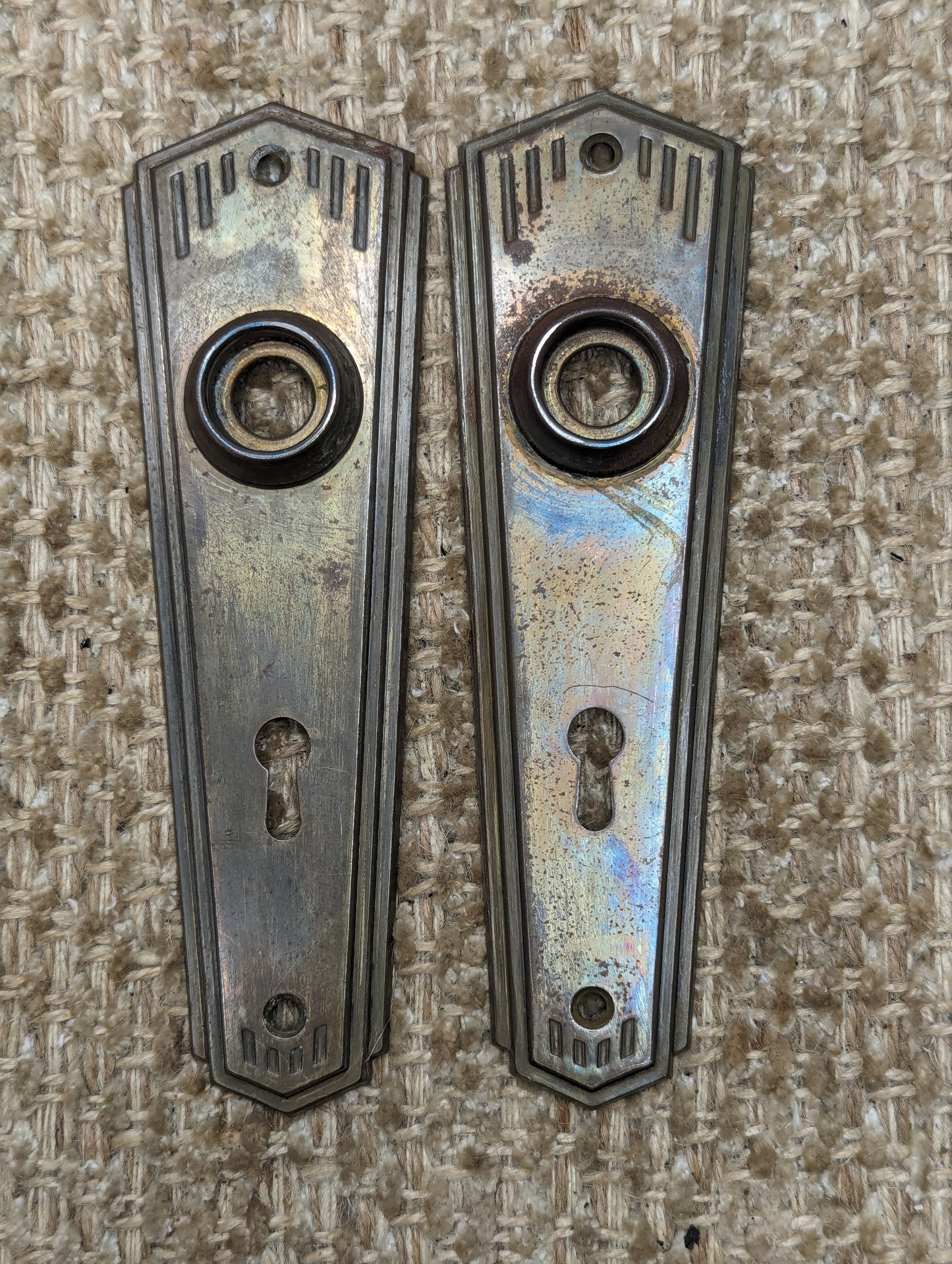 2" x 6 1/2" Pair Of Antique Stamped Steel Door Knob Plates