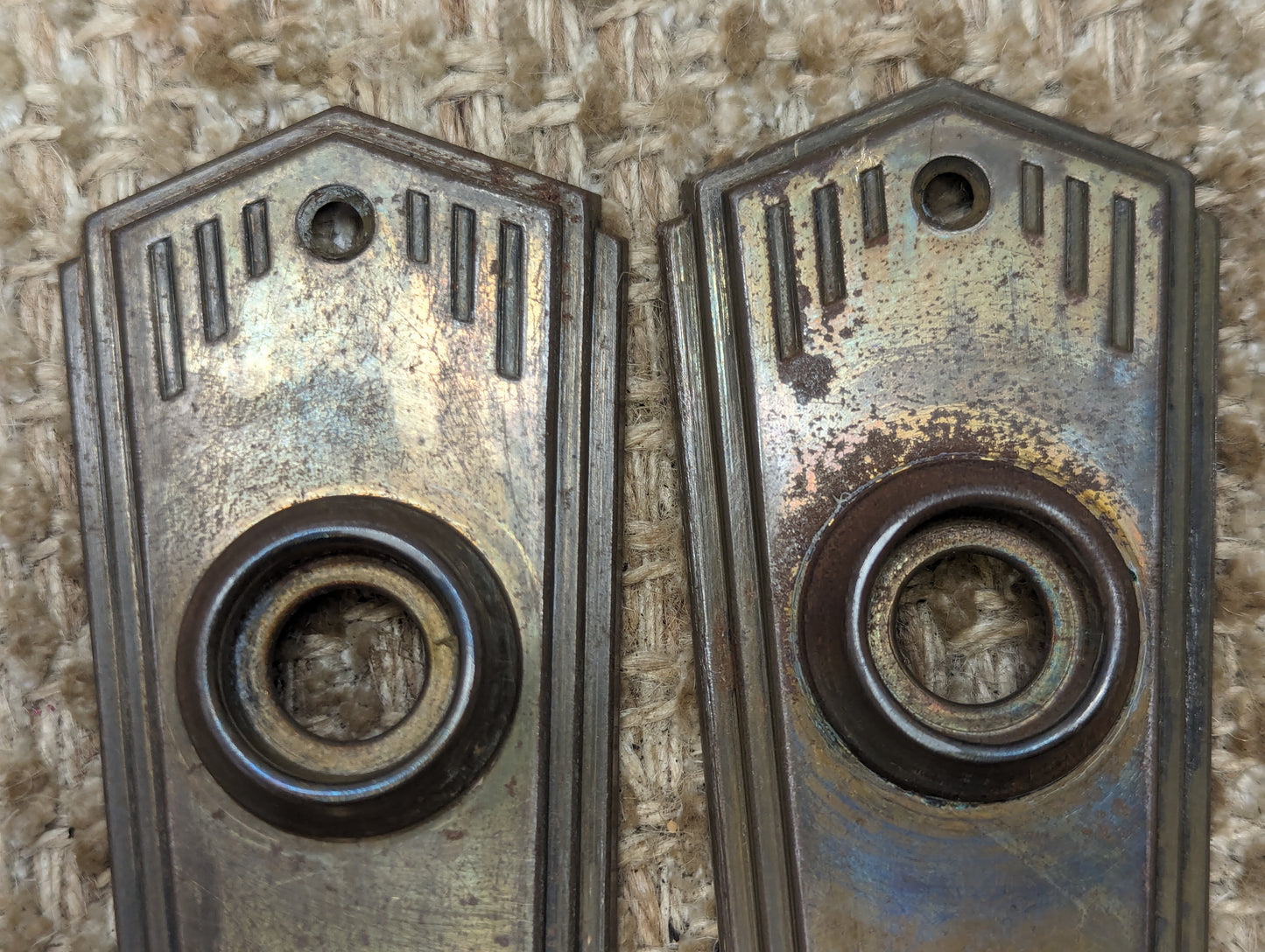 2" x 6 1/2" Pair Of Antique Stamped Steel Door Knob Plates