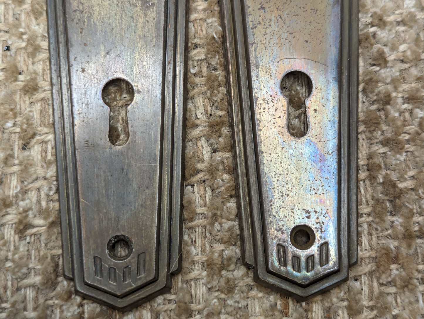 2" x 6 1/2" Pair Of Antique Stamped Steel Door Knob Plates