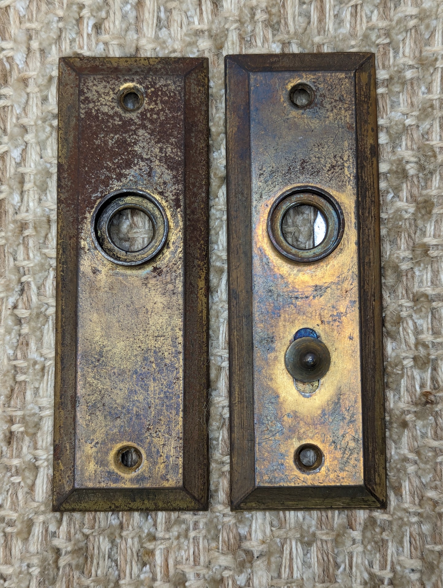 1 1/2" x 4 1/2" Pair Of Antique Stamped Steel Door Knob Plates