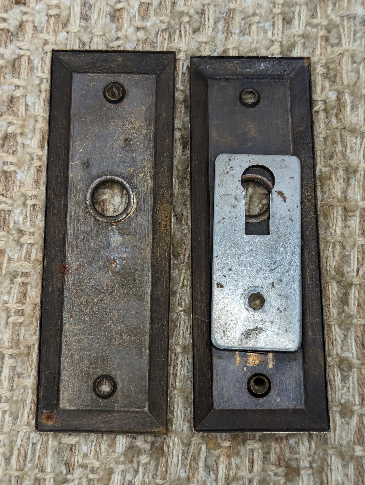 1 1/2" x 4 1/2" Pair Of Antique Stamped Steel Door Knob Plates