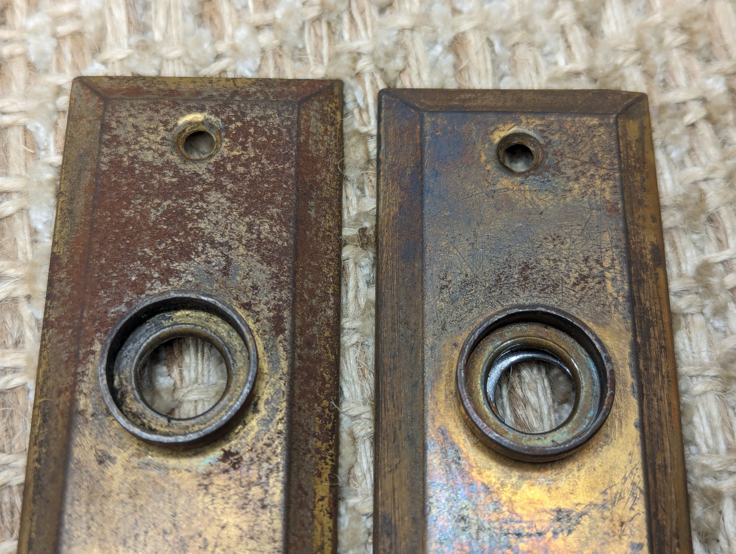 1 1/2" x 4 1/2" Pair Of Antique Stamped Steel Door Knob Plates