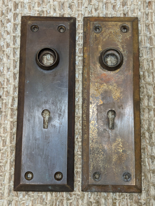 2 1/4" x 7" Pair Of Antique Stamped Brass Door Knob Plates