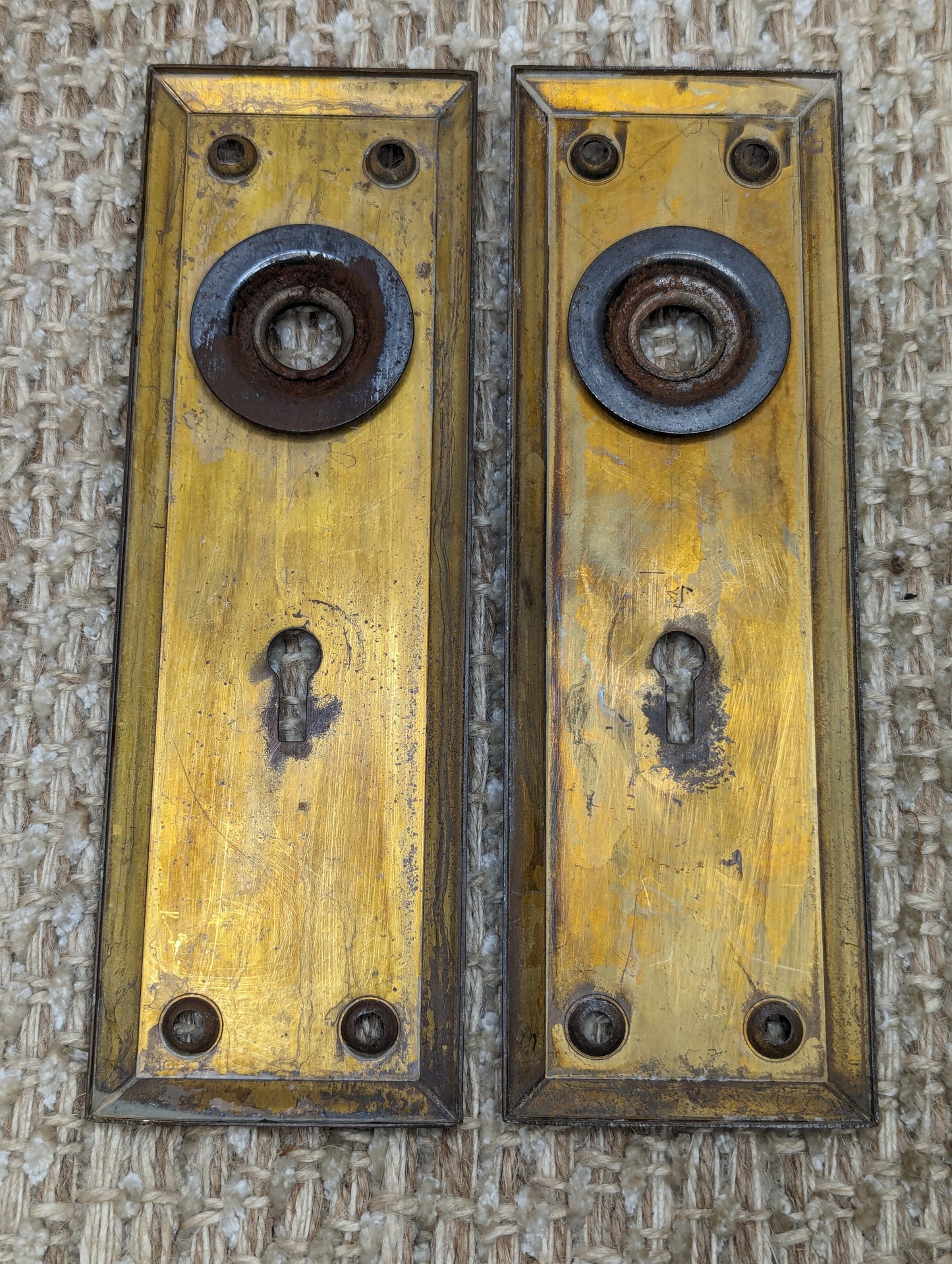 2 1/4" x 7" Pair Of Antique Stamped Brass Door Knob Plates