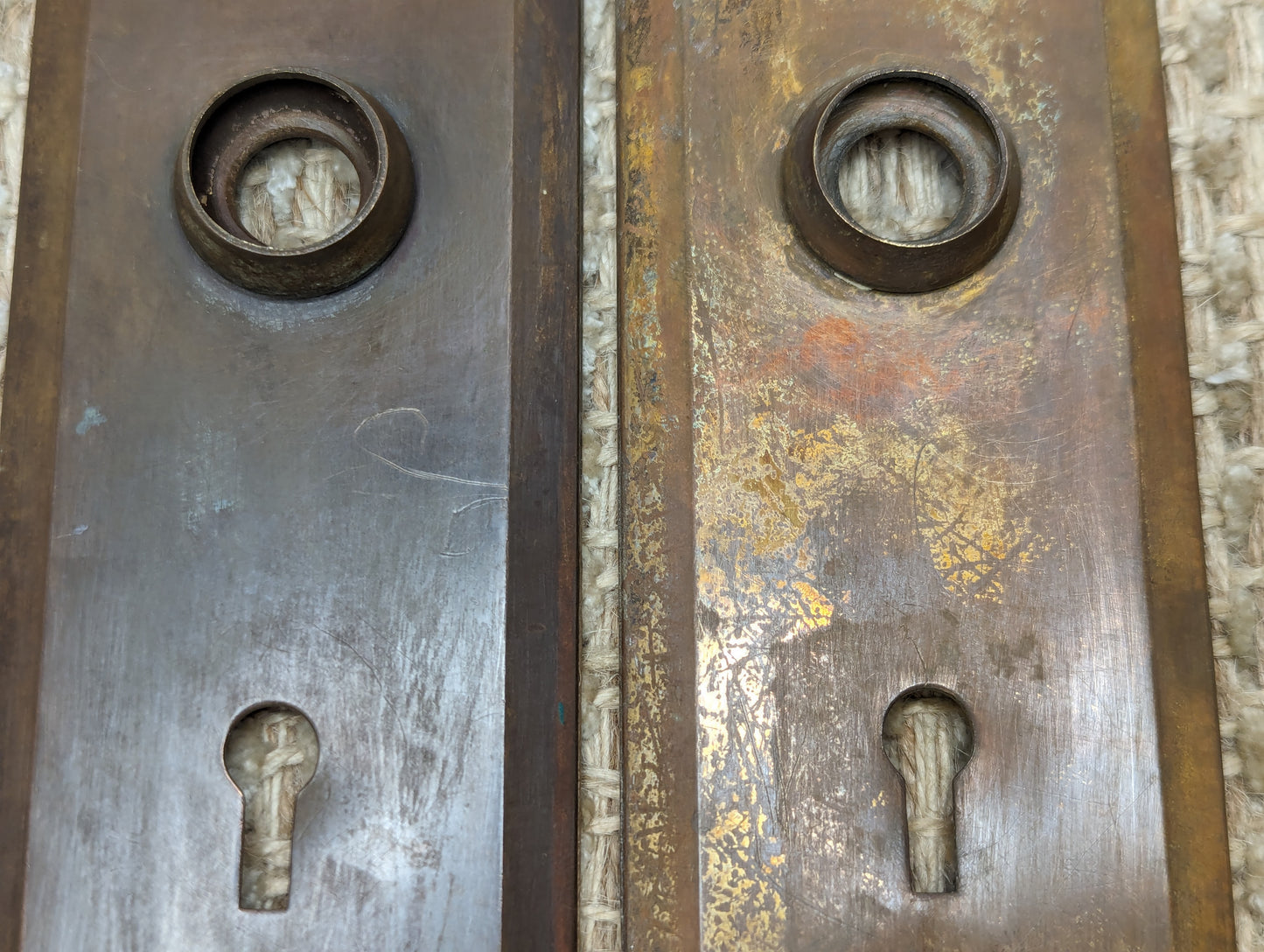 2 1/4" x 7" Pair Of Antique Stamped Brass Door Knob Plates