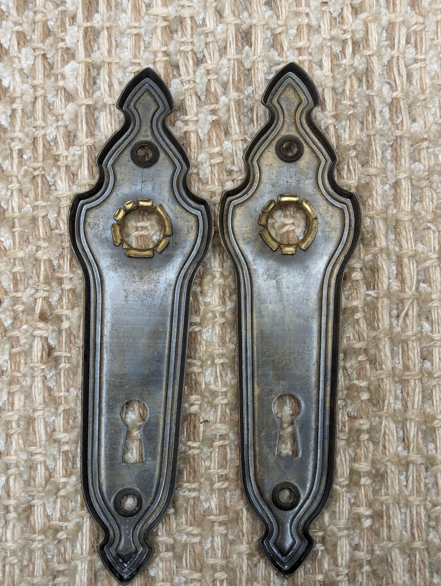 1 5/8" x 6" Pair Of Antique Stamped Brass Door Knob Plates Back Plates