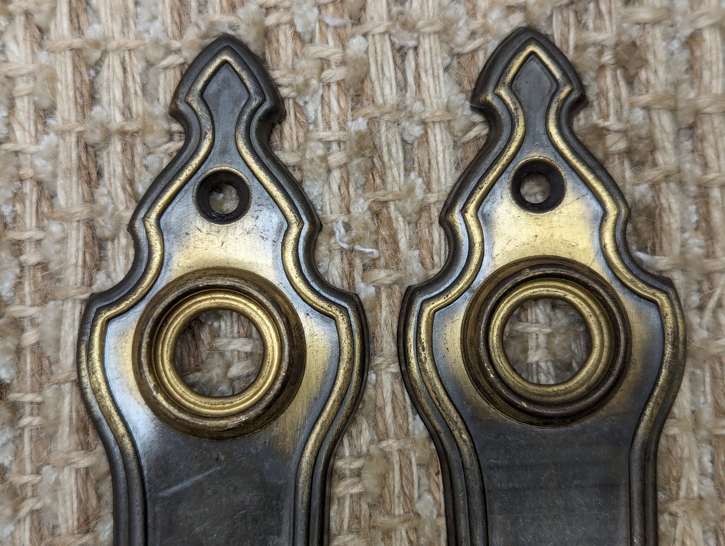 1 5/8" x 6" Pair Of Antique Stamped Brass Door Knob Plates Back Plates