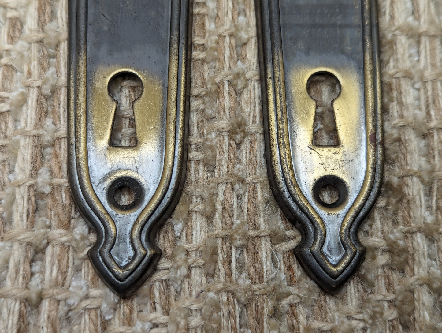 1 5/8" x 6" Pair Of Antique Stamped Brass Door Knob Plates Back Plates