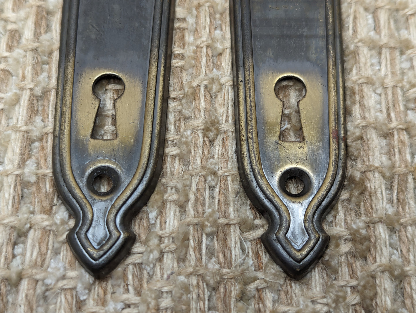 1 5/8" x 6" Pair Of Antique Stamped Brass Door Knob Plates Back Plates