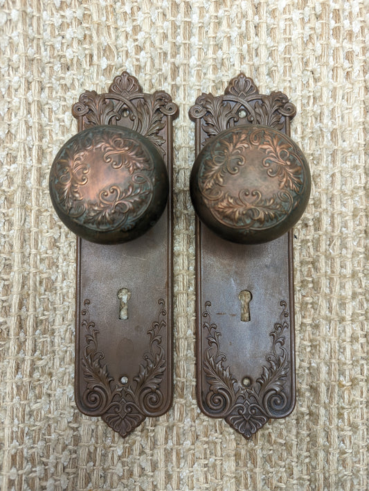 Antique Corbin "Loraine"  Brass Door Knobs & Stamped Brass Door Plates Set Circa 1905