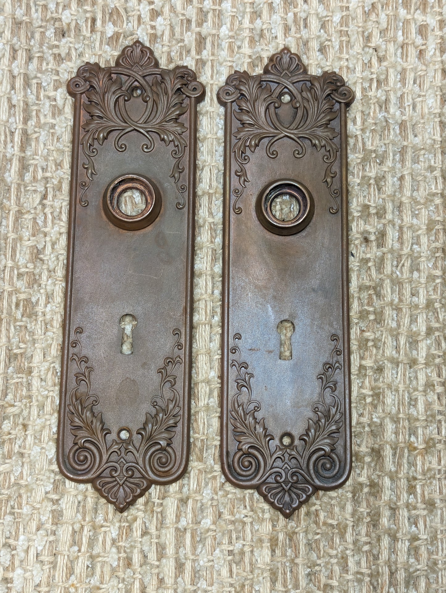 Antique Corbin "Loraine"  Brass Door Knobs & Stamped Brass Door Plates Set Circa 1905