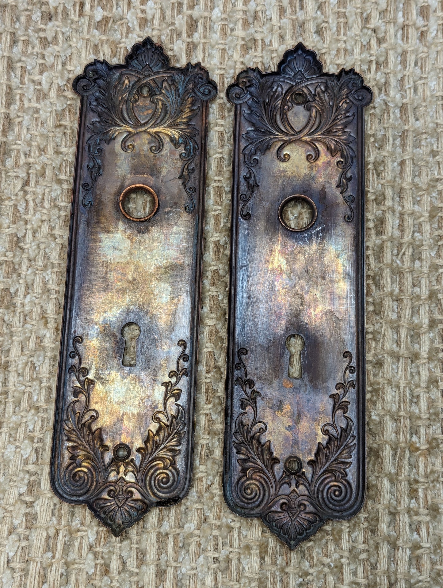 Antique Corbin "Loraine"  Brass Door Knobs & Stamped Brass Door Plates Set Circa 1905