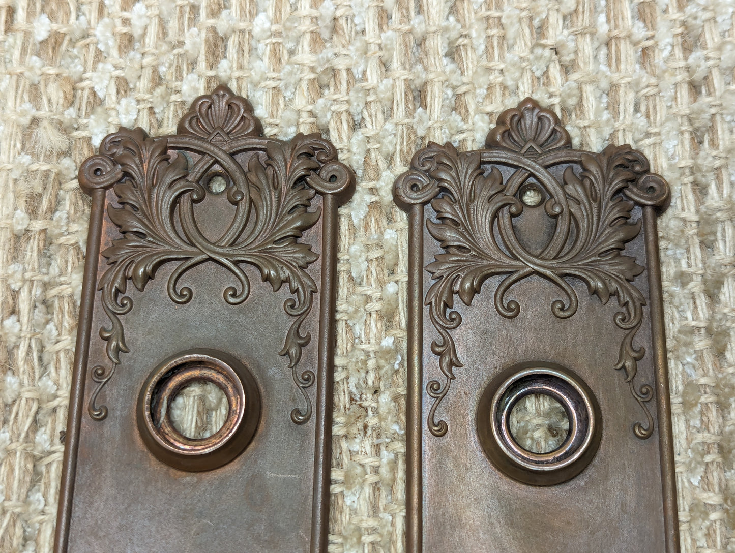 Antique Corbin "Loraine"  Brass Door Knobs & Stamped Brass Door Plates Set Circa 1905