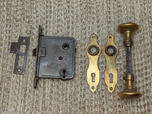 Antique Interior Mortise Lock #2, Brass Door Knobs & Door Knob Plates Set