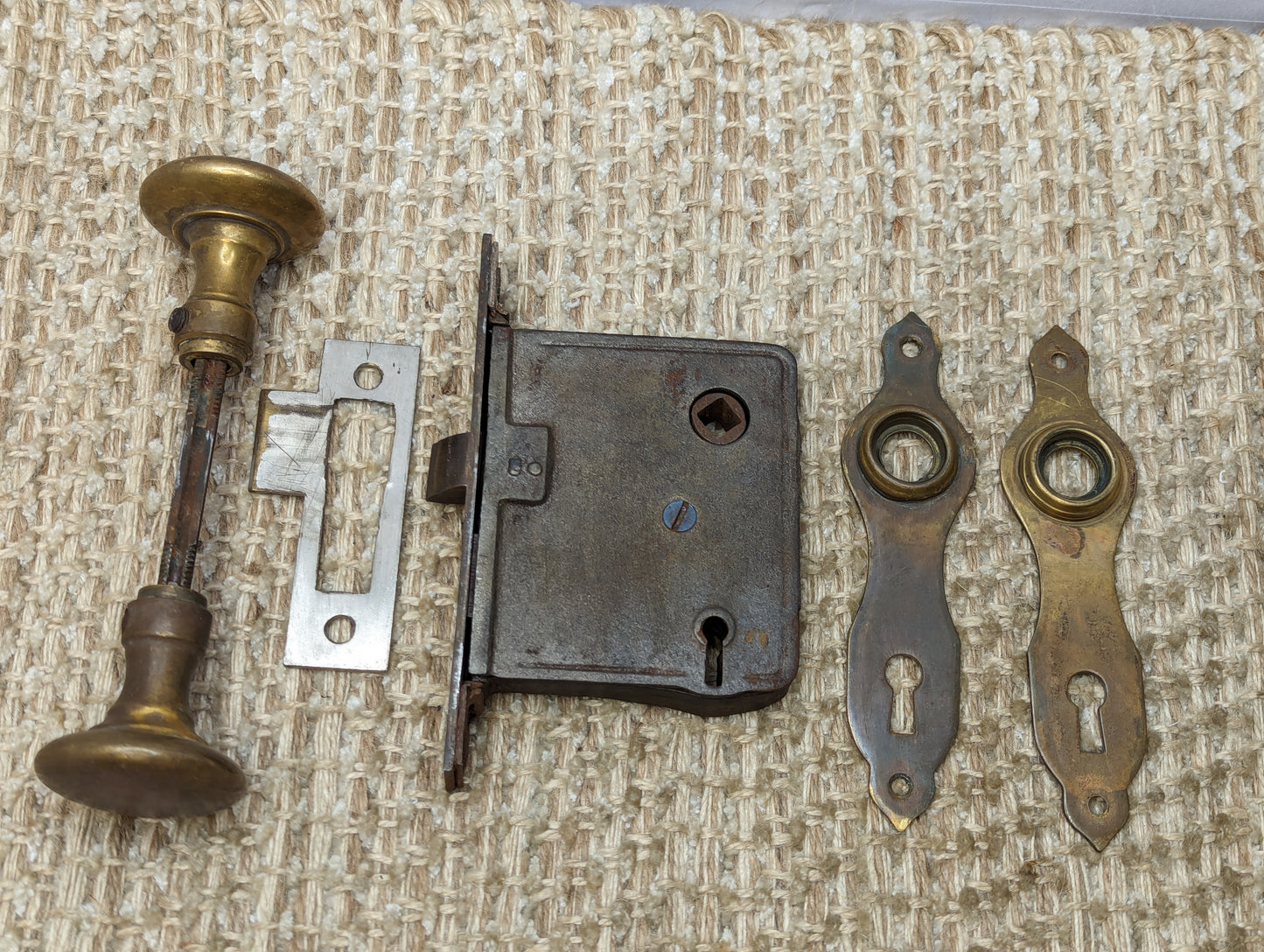 Antique Interior Mortise Lock, Brass Door Knobs & Door Knob Plates Set