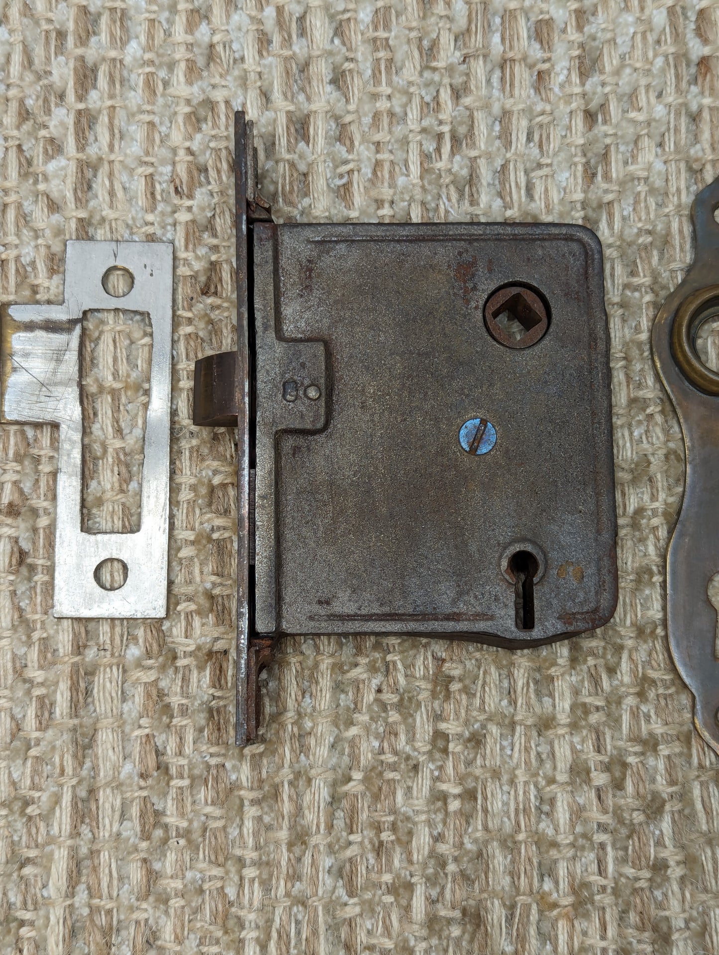 Antique Interior Mortise Lock, Brass Door Knobs & Door Knob Plates Set