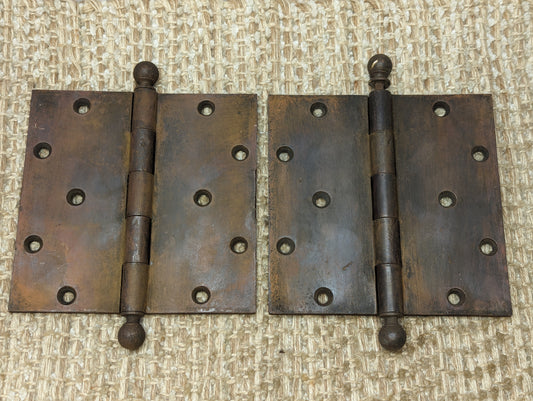 5 1/2" x 5 1/2" Pair Of Antique Y & T Bronze or Brass Ball Tip Door Hinge Door Hardware