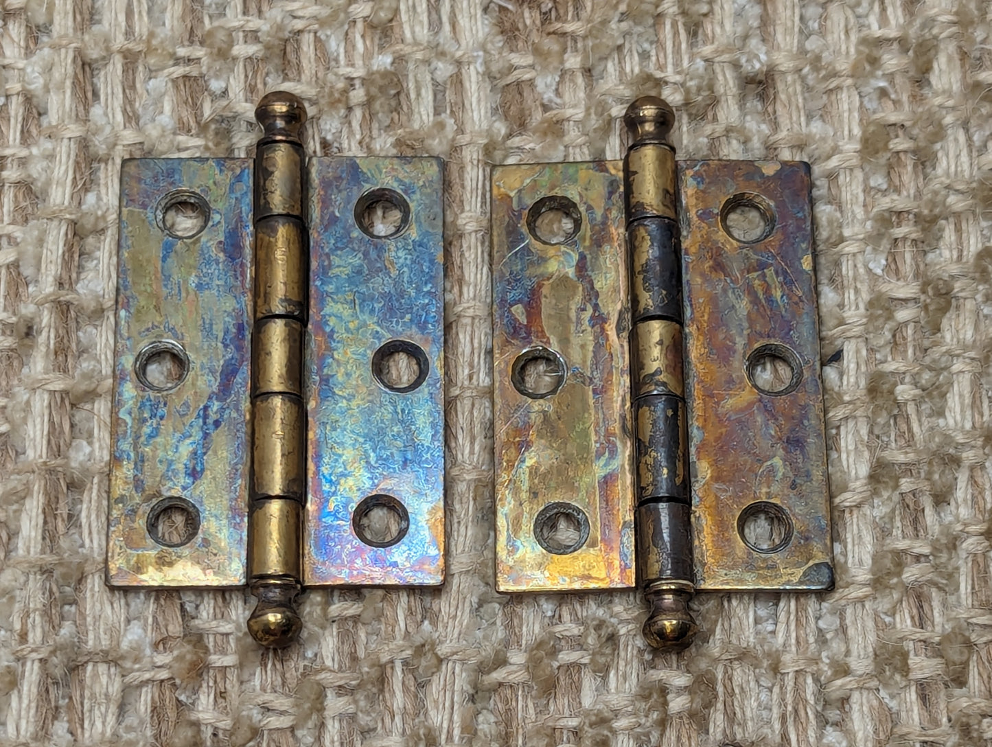 1 11/16" x 2 3/8" Pair Of Antique Steel Brass Plated Cabinet Door Hinges