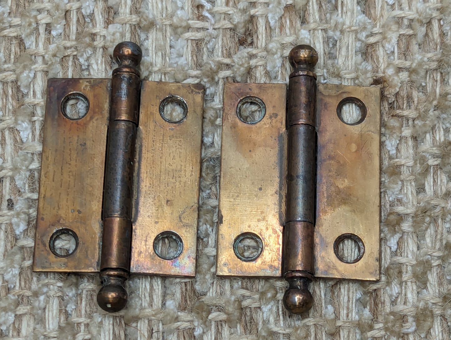 1  9/16" x 1  15/16" Pair Of Antique Steel Brass Plated Cabinet Door Hinges