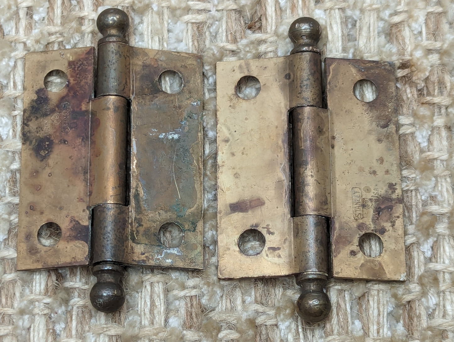 1  9/16" x 1  15/16" Pair Of Antique Steel Brass Plated Cabinet Door Hinges