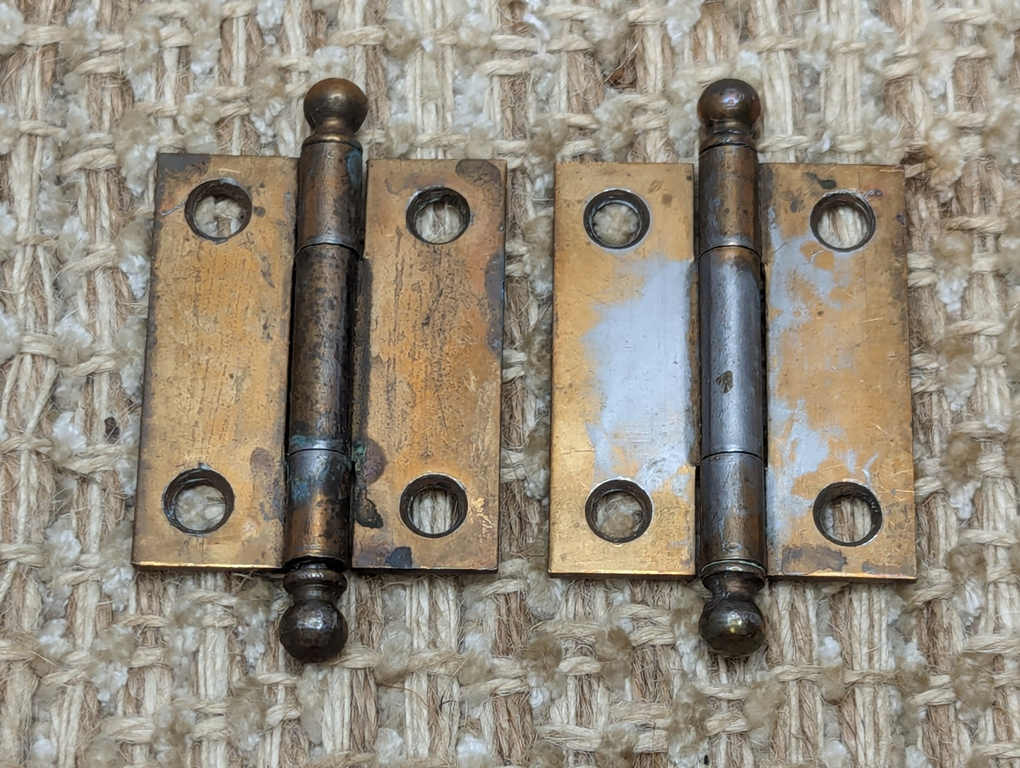 1  9/16" x 1  15/16" Pair Of Antique Steel Brass Plated Cabinet Door Hinges