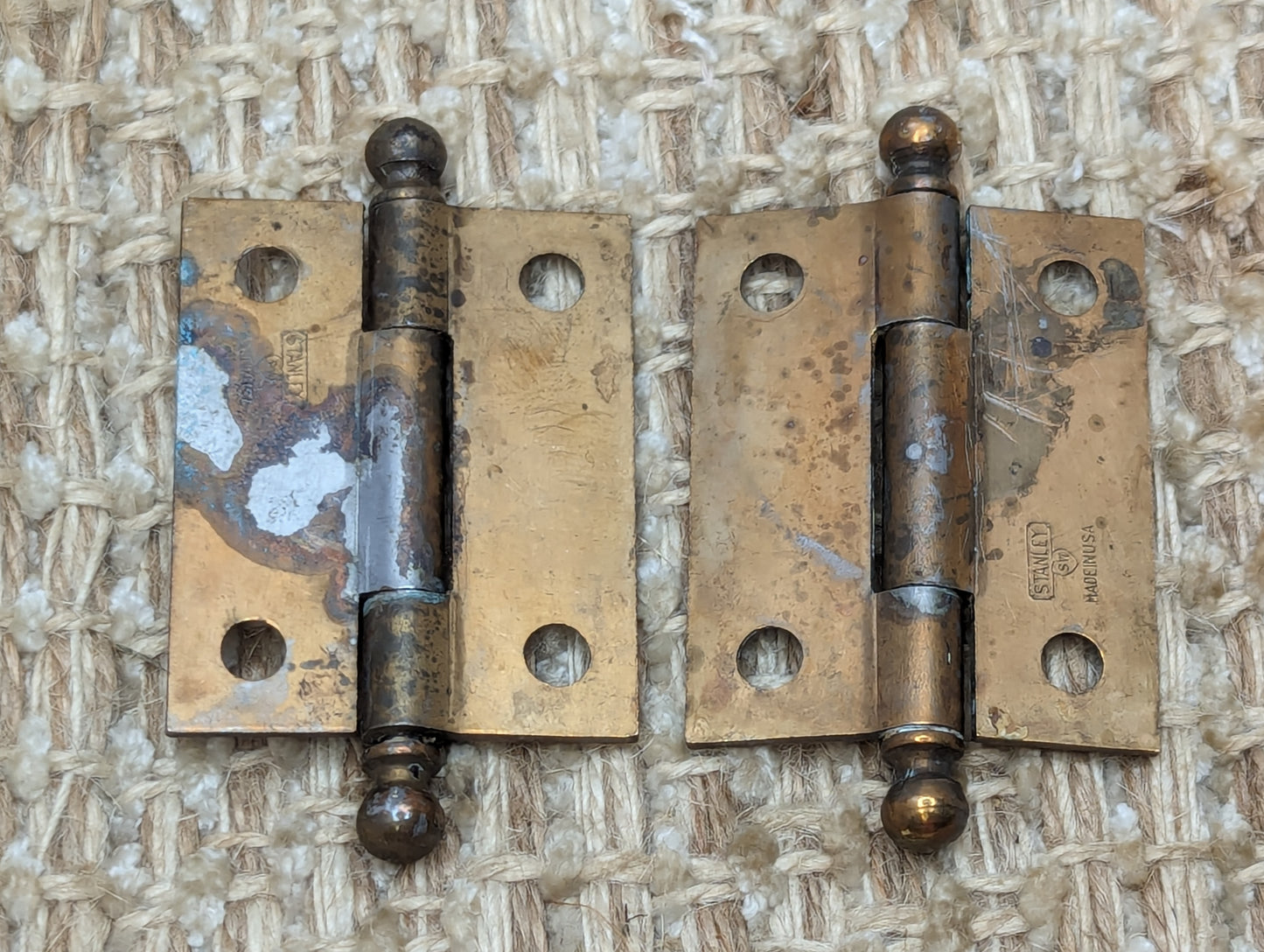 1  9/16" x 1  15/16" Pair Of Antique Steel Brass Plated Cabinet Door Hinges